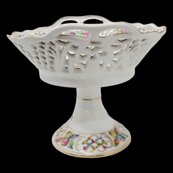 Dresden Schumann Bavaria Candy Fruit Footed Pedestal Oval Floral Bowl Compote - Picture 3 of 16
